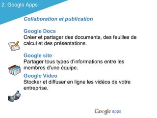 2. Google Apps

        Collaboration et publication

        Google Docs
        Créer et partager des documents, des feuilles de
        calcul et des présentations.

        Google site
        Partager tous types d'informations entre les
        membres d'une équipe.
        Google Video
        Stocker et diffuser en ligne les vidéos de votre
        entreprise.
 