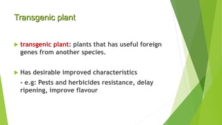 Transgenic plant
 transgenic plant: plants that has useful foreign
genes from another species.
 Has desirable improved characteristics
- e.g: Pests and herbicides resistance, delay
ripening, improve flavour
 