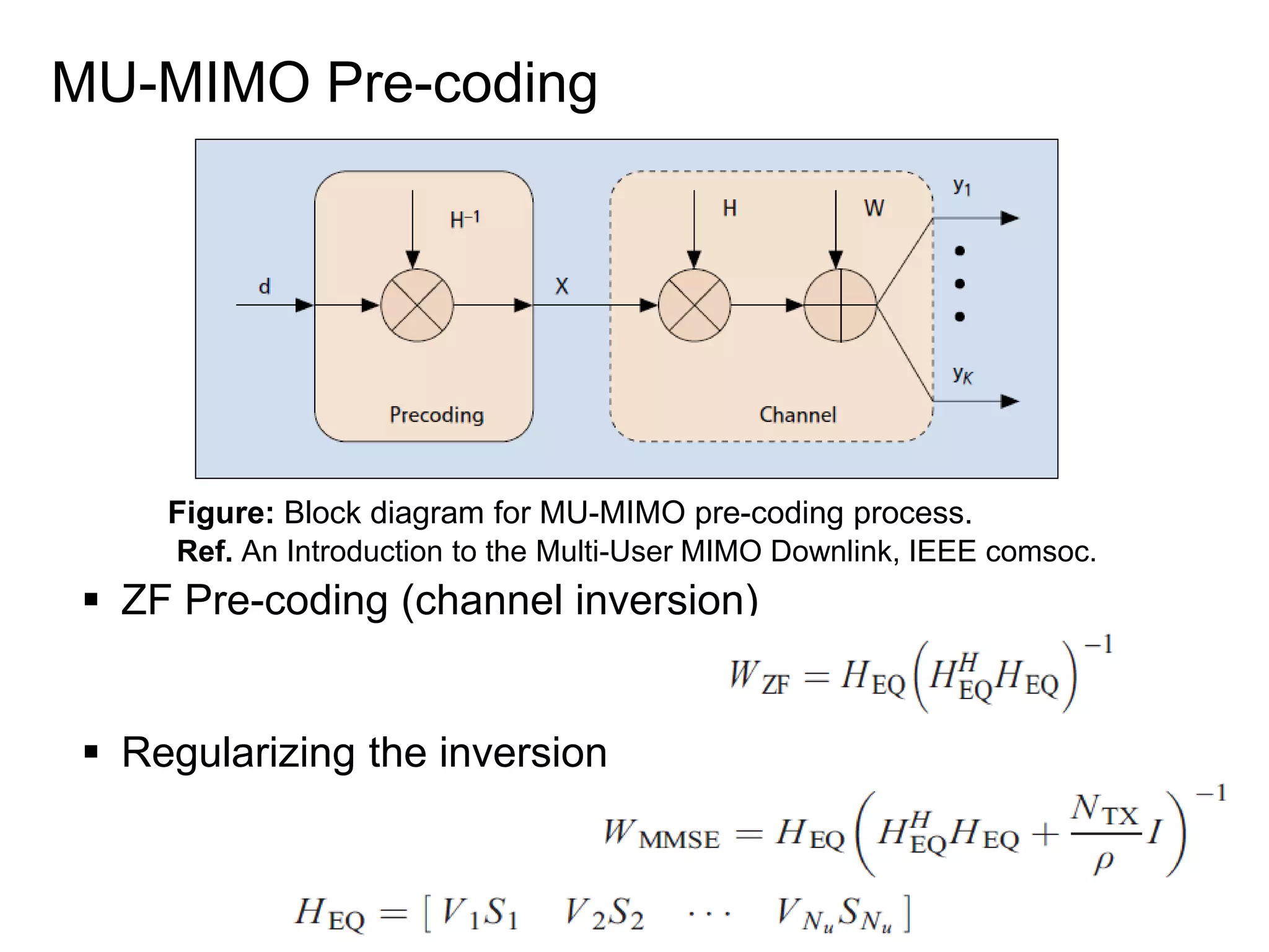 MU-MIMO Pre-coding
 ZF Pre-coding (channel inversion)
 Regularizing the inversion
Figure: Block diagram for MU-MIMO pre-coding process.
Ref. An Introduction to the Multi-User MIMO Downlink, IEEE comsoc.
 