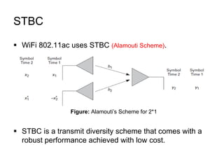STBC
 WiFi 802.11ac uses STBC (Alamouti Scheme).
 STBC is a transmit diversity scheme that comes with a
robust performance achieved with low cost.
Figure: Alamouti’s Scheme for 2*1
 
