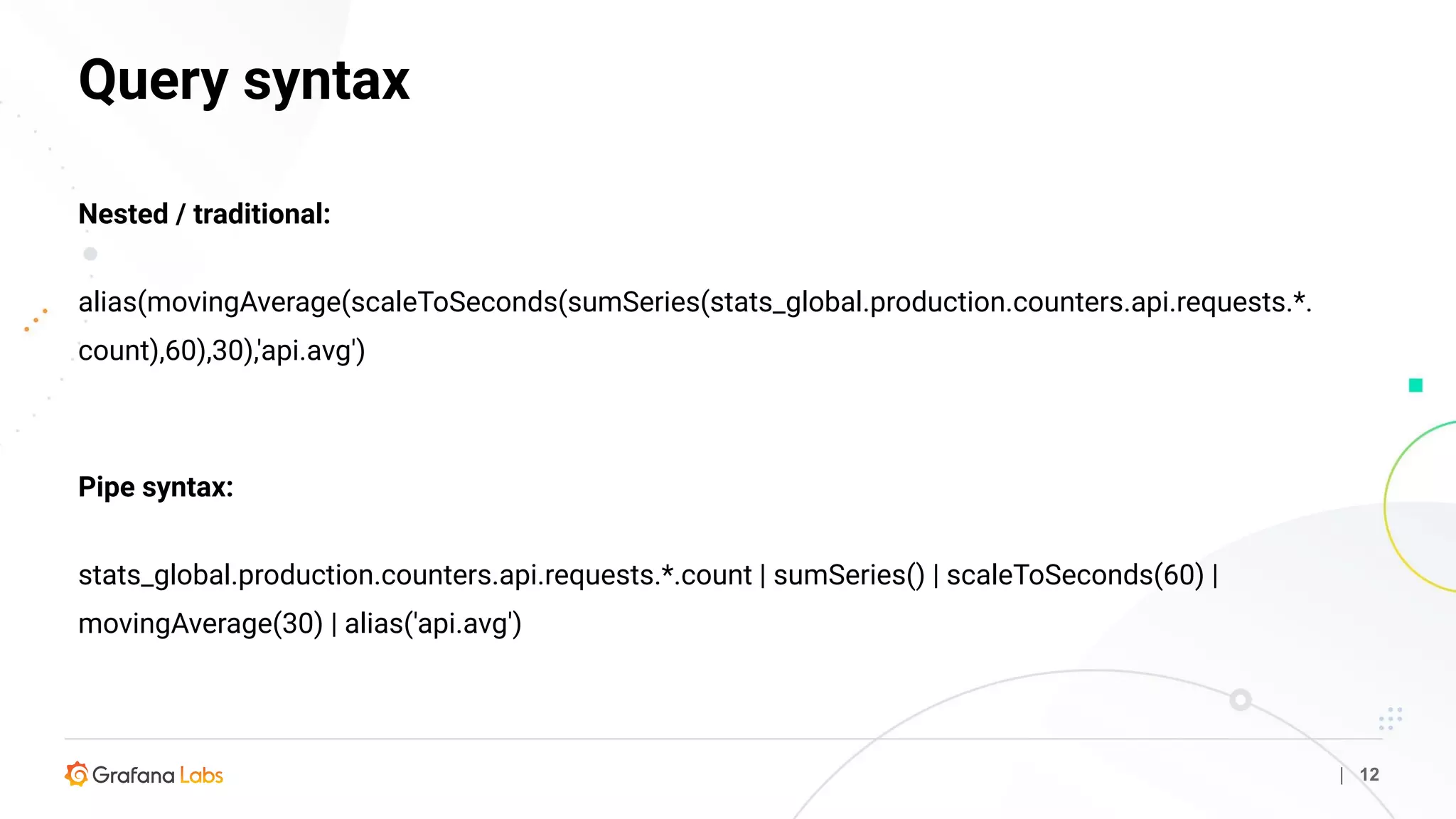 Query syntax
| 12
Nested / traditional:
alias(movingAverage(scaleToSeconds(sumSeries(stats_global.production.counters.api.requests.*.
count),60),30),'api.avg')
Pipe syntax:
stats_global.production.counters.api.requests.*.count | sumSeries() | scaleToSeconds(60) |
movingAverage(30) | alias('api.avg')
 