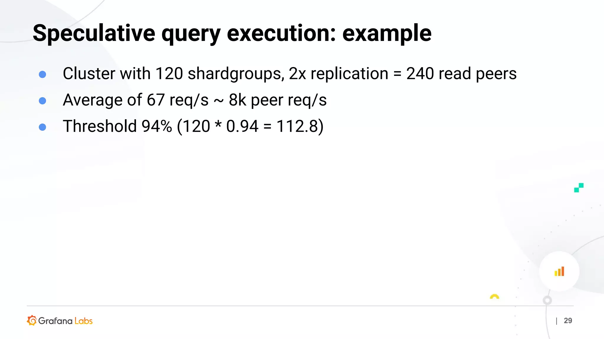 | 29
Speculative query execution: example
● Cluster with 120 shardgroups, 2x replication = 240 read peers
● Average of 67 req/s ~ 8k peer req/s
● Threshold 94% (120 * 0.94 = 112.8)
 