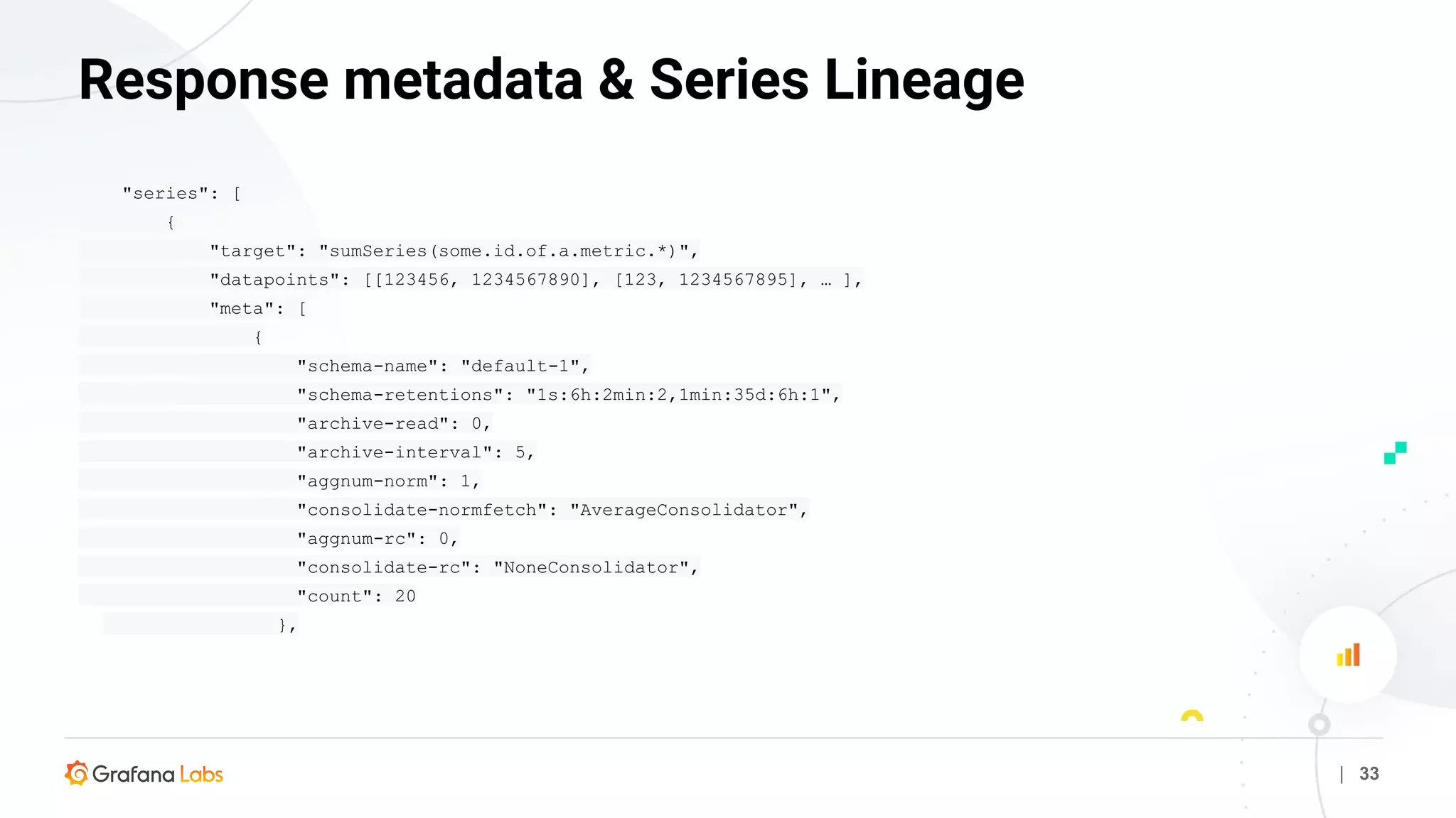 | 33
Response metadata & Series Lineage
"series": [
{
"target": "sumSeries(some.id.of.a.metric.*)",
"datapoints": [[123456, 1234567890], [123, 1234567895], … ],
"meta": [
{
"schema-name": "default-1",
"schema-retentions": "1s:6h:2min:2,1min:35d:6h:1",
"archive-read": 0,
"archive-interval": 5,
"aggnum-norm": 1,
"consolidate-normfetch": "AverageConsolidator",
"aggnum-rc": 0,
"consolidate-rc": "NoneConsolidator",
"count": 20
},
 