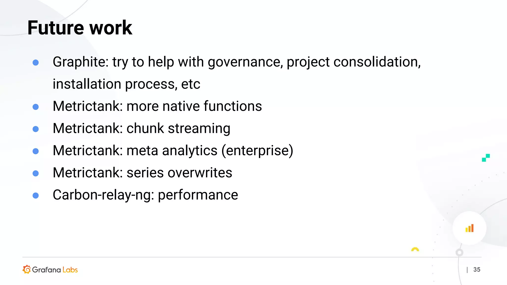 Future work
| 35
● Graphite: try to help with governance, project consolidation,
installation process, etc
● Metrictank: more native functions
● Metrictank: chunk streaming
● Metrictank: meta analytics (enterprise)
● Metrictank: series overwrites
● Carbon-relay-ng: performance
 