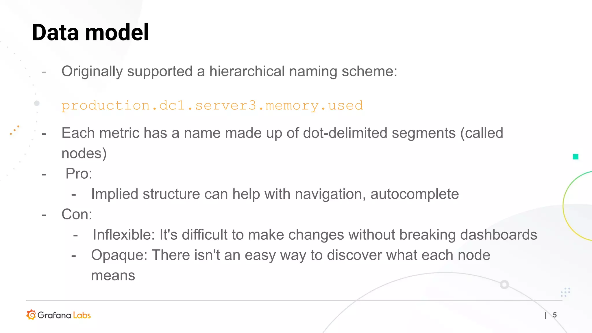 Data model
| 5
- Originally supported a hierarchical naming scheme:
production.dc1.server3.memory.used
- Each metric has a name made up of dot-delimited segments (called
nodes)
- Pro:
- Implied structure can help with navigation, autocomplete
- Con:
- Inflexible: It's difficult to make changes without breaking dashboards
- Opaque: There isn't an easy way to discover what each node
means
 