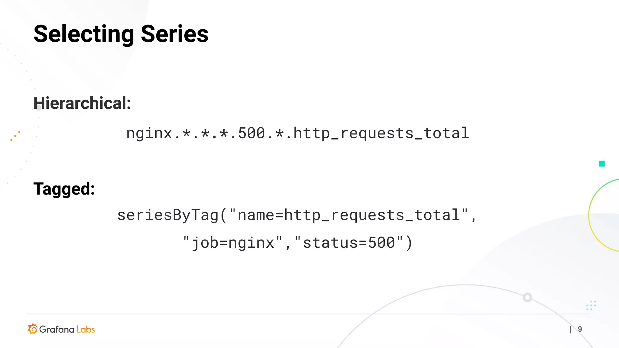 Selecting Series
| 9
Hierarchical:
nginx.*.*.*.500.*.http_requests_total
Tagged:
seriesByTag("name=http_requests_total",
"job=nginx","status=500")
 