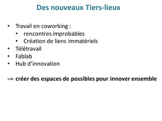 • Travail	en	coworking :	
• rencontres	improbables
• Création	de	liens	immatériels
• Télétravail
• Fablab
• Hub	d’innovation
⇒ créer	des	espaces	de	possibles	pour	innover	ensemble
Des	nouveaux	Tiers-lieux
 
