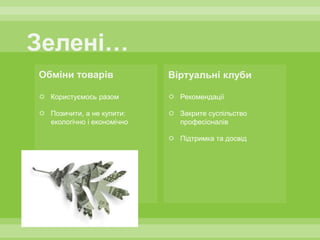  Користуємось разом         Рекомендації

 Позичити, а не купити:     Закрите суспільство
  екологічно і економічно     професіоналів

                             Підтримка та досвід
 