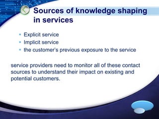Sources of knowledge shaping 
in services 
 Explicit service 
 Implicit service 
 the customer’s previous exposure to the service 
service providers need to monitor all of these contact 
sources to understand their impact on existing and 
potential customers. 
LOGO 
 