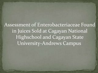 Assessment of EnterobacteriaceaeFound      in Juices Sold at Cagayan National  Highschooland Cagayan State            University-Andrews Campus 