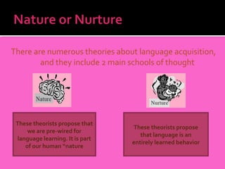 There are numerous theories about language acquisition,
        and they include 2 main schools of thought




 These theorists propose that
                                 These theorists propose
     we are pre-wired for
                                    that language is an
 language learning. It is part
                                 entirely learned behavior
    of our human “nature
 