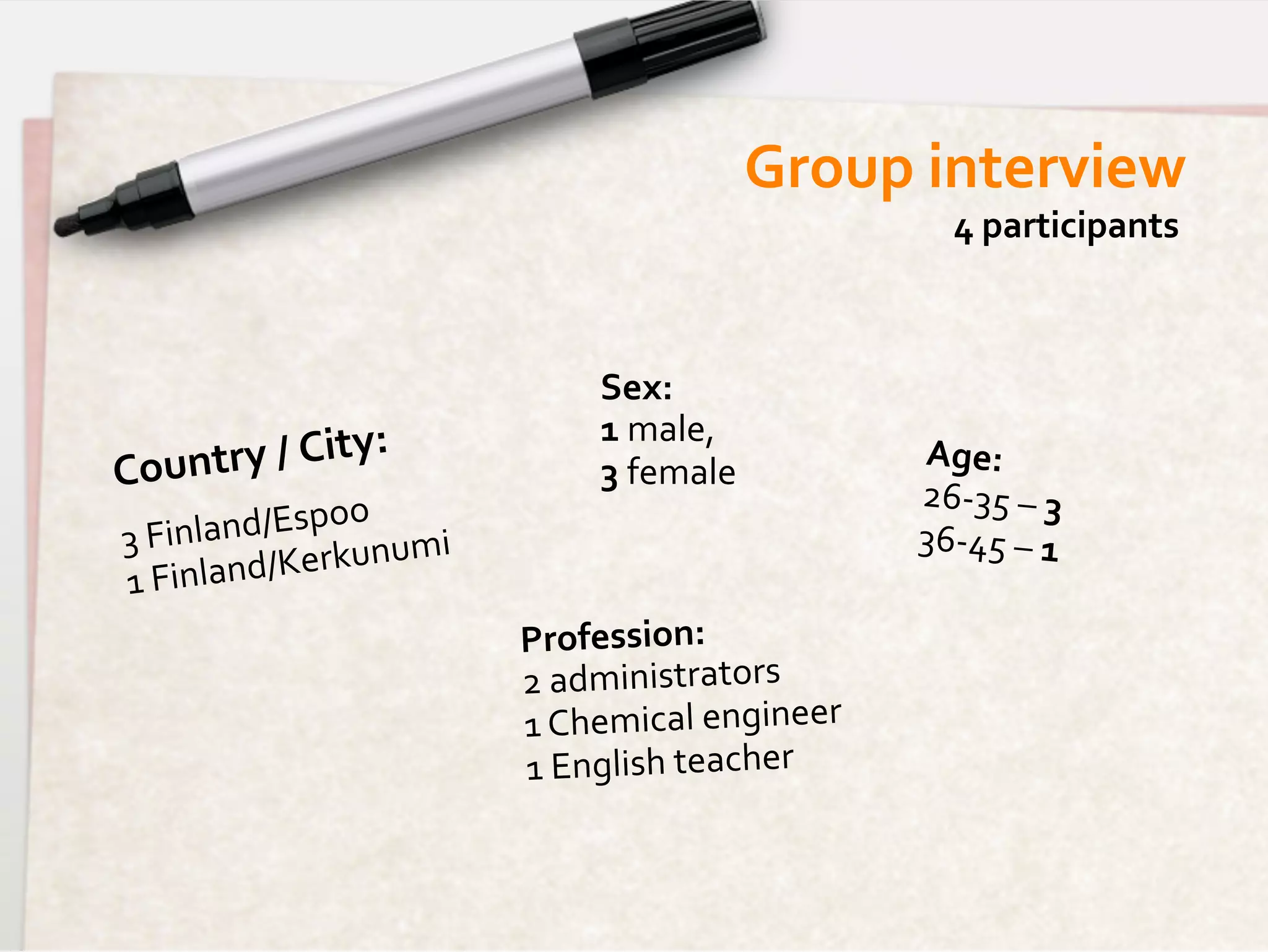 Group	
  interview	
  
                                                                      4	
  participants	
  



                                        Sex:	
  	
  
                          	
            1	
  male,	
  	
  
Country	
  /	
  City:	
                 3	
  female	
  
                                                                 Age:	
  	
  	
  
                  o	
                                            26-­‐35	
  –	
  3	
  	
  
3	
  Fin land/Espo umi	
                                         36-­‐45	
  –	
  1	
  
                 kun
1	
  F inland/Ker
                                 Profession:	
  	
  
                                 2	
  administrators	
  
                                 1	
  Chemical	
  engineer	
  
                                 1	
  English	
  teacher	
  
 
