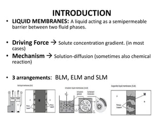 INTRODUCTION
• LIQUID MEMBRANES: A liquid acting as a semipermeable
barrier between two fluid phases.
• Driving Force  Solute concentration gradient. (in most
cases)
• Mechanism  Solution-diffusion (sometimes also chemical
reaction)
• 3 arrangements: BLM, ELM and SLM
 