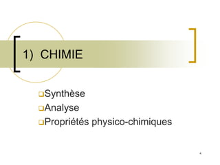 4
1) CHIMIE
Synthèse
Analyse
Propriétés physico-chimiques
 