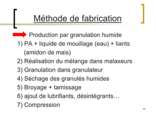 44
Méthode de fabrication
Production par granulation humide
1) PA + liquide de mouillage (eau) + liants
(amidon de mais)
2) Réalisation du mélange dans malaxeurs
3) Granulation dans granulateur
4) Séchage des granulés humides
5) Broyage + tamissage
6) ajout de lubrifiants, désintégrants…
7) Compression
 