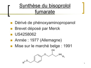 5
Synthèse du bisoprolol
fumarate
O
OH
NH
R1
O
R
2
 Dérivé de phénoxyaminopropanol
 Brevet déposé par Merck
 US4258062
 Année : 1977 (Allemagne)
 Mise sur le marché belge : 1991
 