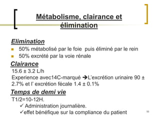 53
Métabolisme, clairance et
élimination
Elimination
 50% métabolisé par le foie puis éliminé par le rein
 50% excrété par la voie rénale
Clairance
15.6 ± 3.2 L/h
Experience avec14C-marqué L’excrétion urinaire 90 ±
2.7% et l’ excrétion fécale 1.4 ± 0.1%
T1/2=10-12H.
 Administration journalière.
effet bénéfique sur la compliance du patient
Temps de demi vie
 