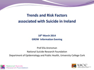 Trends and Risk Factors
associated with Suicide in Ireland
18th March 2014
GROW Information Evening
Prof Ella Arensman
National Suicide Research Foundation
Department of Epidemiology and Public Health, University College Cork
 