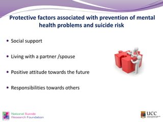  Social support
 Living with a partner /spouse
 Positive attitude towards the future
 Responsibilities towards others
Protective factors associated with prevention of mental
health problems and suicide risk
 