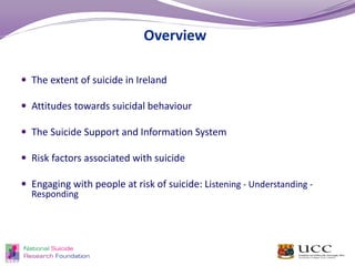Overview
 The extent of suicide in Ireland
 Attitudes towards suicidal behaviour
 The Suicide Support and Information System
 Risk factors associated with suicide
 Engaging with people at risk of suicide: Listening - Understanding -
Responding
 