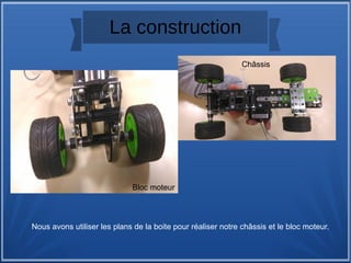 La construction
Nous avons utiliser les plans de la boite pour réaliser notre châssis et le bloc moteur.
Bloc moteur
Châssis
 