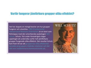 Det har skapats en mängd teorier om hur grupper
fungerar och utvecklas. FIRO (Fundamental
Interpersonal Relations Orientation) är en teori som
förknippas med den amerikanske psykologen Will
Schutz. Schutz fick under Koreakrigets dagar
uppdraget att undersöka varför helt jämförbara
grupper fungerade olika effektivt. Det resultat Schutz
kom fram till var att gruppernas olika effektivitet
berodde på gruppens inbördes relationer och det
sätt som medlemmarna kommunicerade på.
Varför fungerar jämförbara grupper olika effektivt?
 