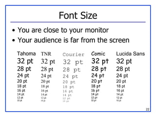 Font Size You are close to your monitor Your audience is far from the screen Tahoma 32 pt 28 pt 24 pt 20 pt 18 pt 16 pt 14 pt 12 pt 10 pt TNR 32 pt 28 pt 24 pt 20 pt 18 pt 16 pt 14 pt 12 pt 10 pt Courier 32 pt 28 pt 24 pt 20 pt 18 pt 16 pt 14 pt 12 pt 10 pt Comic 32 pt 28 pt 24 pt 20 pt 18 pt 16 pt 14 pt 12 pt 10 pt Lucida Sans 32 pt 28 pt 24 pt 20 pt 18 pt 16 pt 14 pt 12 pt 10 pt 