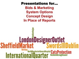 Presentations for…
  Bids & Marketing
   System Options
   Concept Design
 In Place of Reports
 