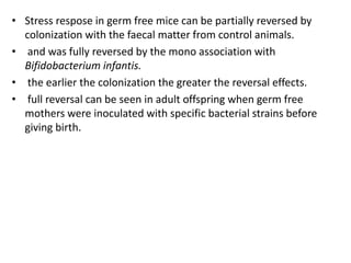 • Stress respose in germ free mice can be partially reversed by
colonization with the faecal matter from control animals.
• and was fully reversed by the mono association with
Bifidobacterium infantis.
• the earlier the colonization the greater the reversal effects.
• full reversal can be seen in adult offspring when germ free
mothers were inoculated with specific bacterial strains before
giving birth.
 