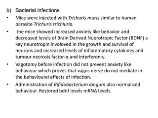 b) Bacterial infections
• Mice were injected with Trichuris muris similar to human
parasite Trichuris trichiuria.
• the mice showed increased anxiety like behavior and
decreased levels of Brain Derived Nuerotropic Factor (BDNF) a
key neurotropin involoved in the growth and survival of
neurons and increased levels of inflammatory cytokines and
tumour necrosis factor-α and interferon-γ.
• Vagotomy before infection did not prevent anxiety like
behaviour which proves that vagus nerve do not mediate in
the behavioural effects of infection.
• Administration of Bifidobacterium longum also normalised
behaviour. Restored bdnf levels mRNA levels.
 