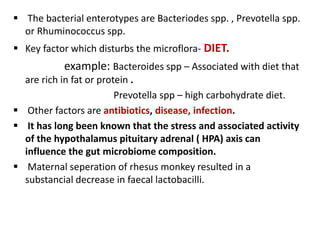  The bacterial enterotypes are Bacteriodes spp. , Prevotella spp.
or Rhuminococcus spp.
 Key factor which disturbs the microflora- DIET.
example: Bacteroides spp – Associated with diet that
are rich in fat or protein .
Prevotella spp – high carbohydrate diet.
 Other factors are antibiotics, disease, infection.
 It has long been known that the stress and associated activity
of the hypothalamus pituitary adrenal ( HPA) axis can
influence the gut microbiome composition.
 Maternal seperation of rhesus monkey resulted in a
substancial decrease in faecal lactobacilli.
 