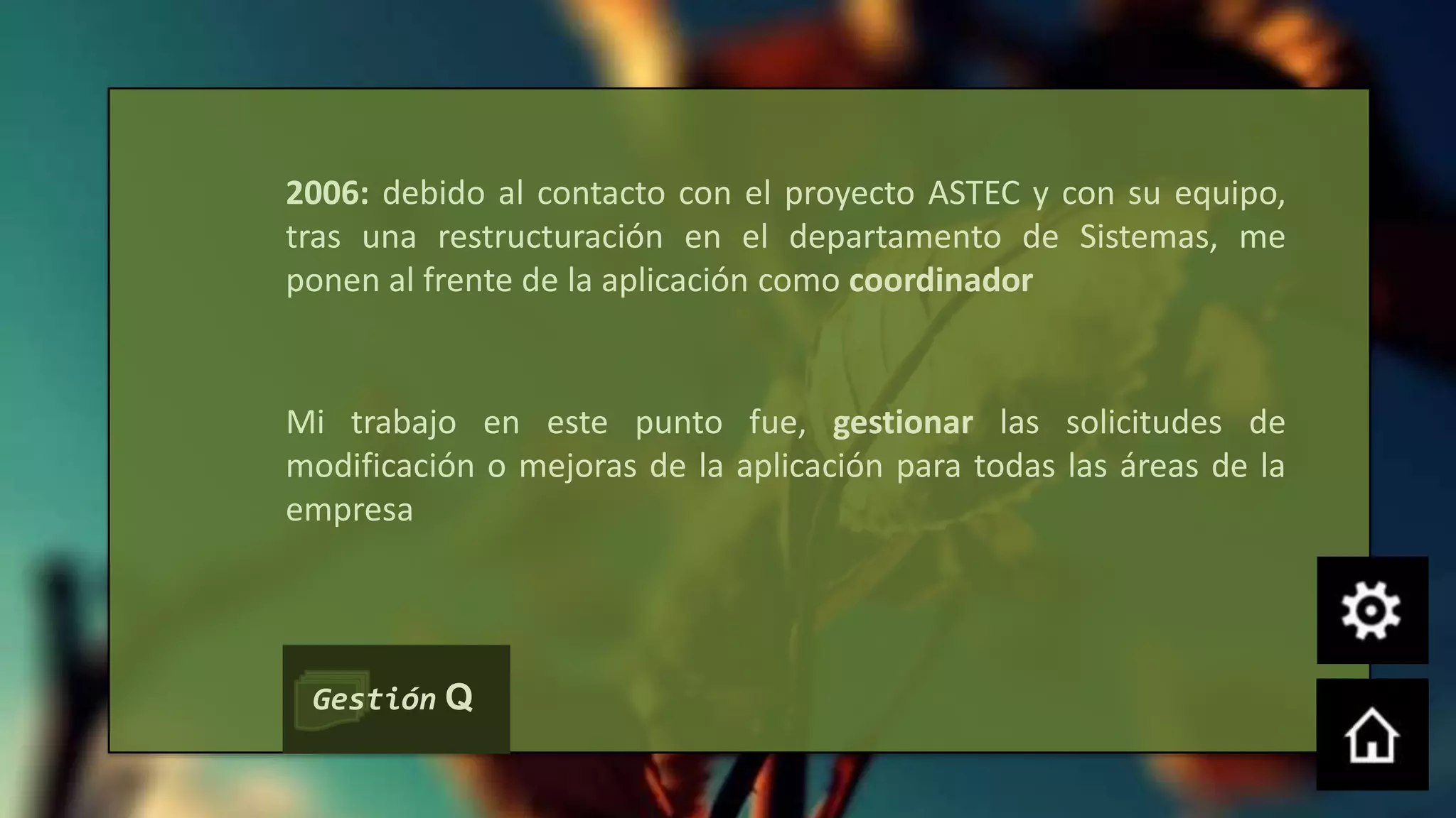 2006: debido al contacto con el proyecto ASTEC y con su equipo,
tras una restructuración en el departamento de Sistemas, me
ponen al frente de la aplicación como coordinador


Mi trabajo en este punto fue, gestionar las solicitudes de
modificación o mejoras de la aplicación para todas las áreas de la
empresa




 Gestión Q
 