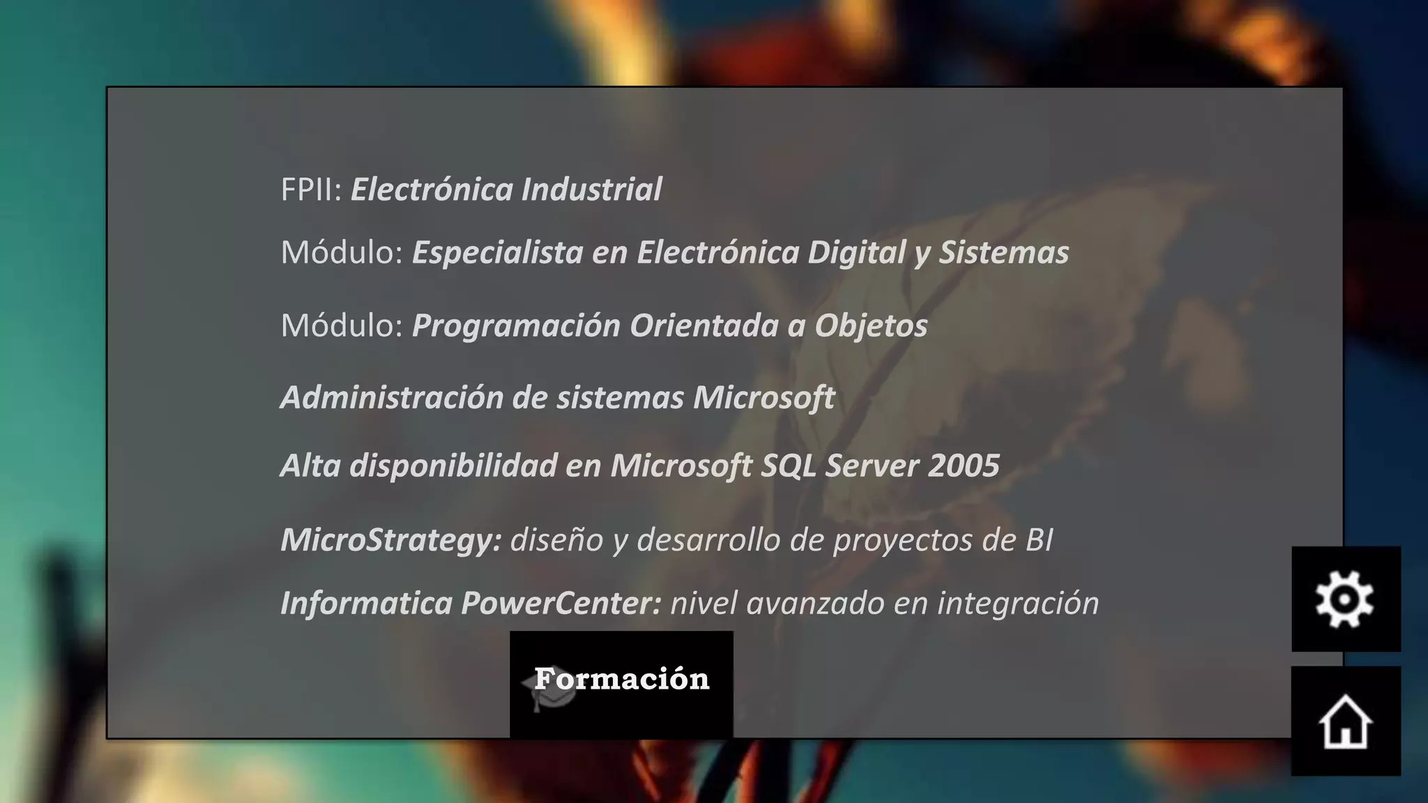 FPII: Electrónica Industrial
Módulo: Especialista en Electrónica Digital y Sistemas

Módulo: Programación Orientada a Objetos

Administración de sistemas Microsoft
Alta disponibilidad en Microsoft SQL Server 2005

MicroStrategy: diseño y desarrollo de proyectos de BI
Informatica PowerCenter: nivel avanzado en integración

                  Formación
 