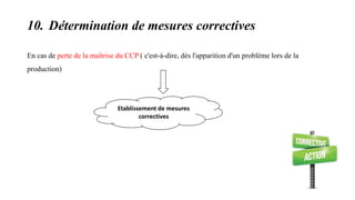 10. Détermination de mesures correctives
En cas de perte de la maîtrise du CCP ( c'est-à-dire, dès l'apparition d'un problème lors de la
production)
Etablissement de mesures
correctives
 