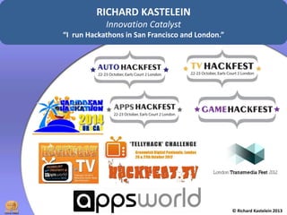 RICHARD KASTELEIN
Innovation Catalyst
“I run Hackathons in San Francisco and London.”

© Richard Kastelein 2013

 