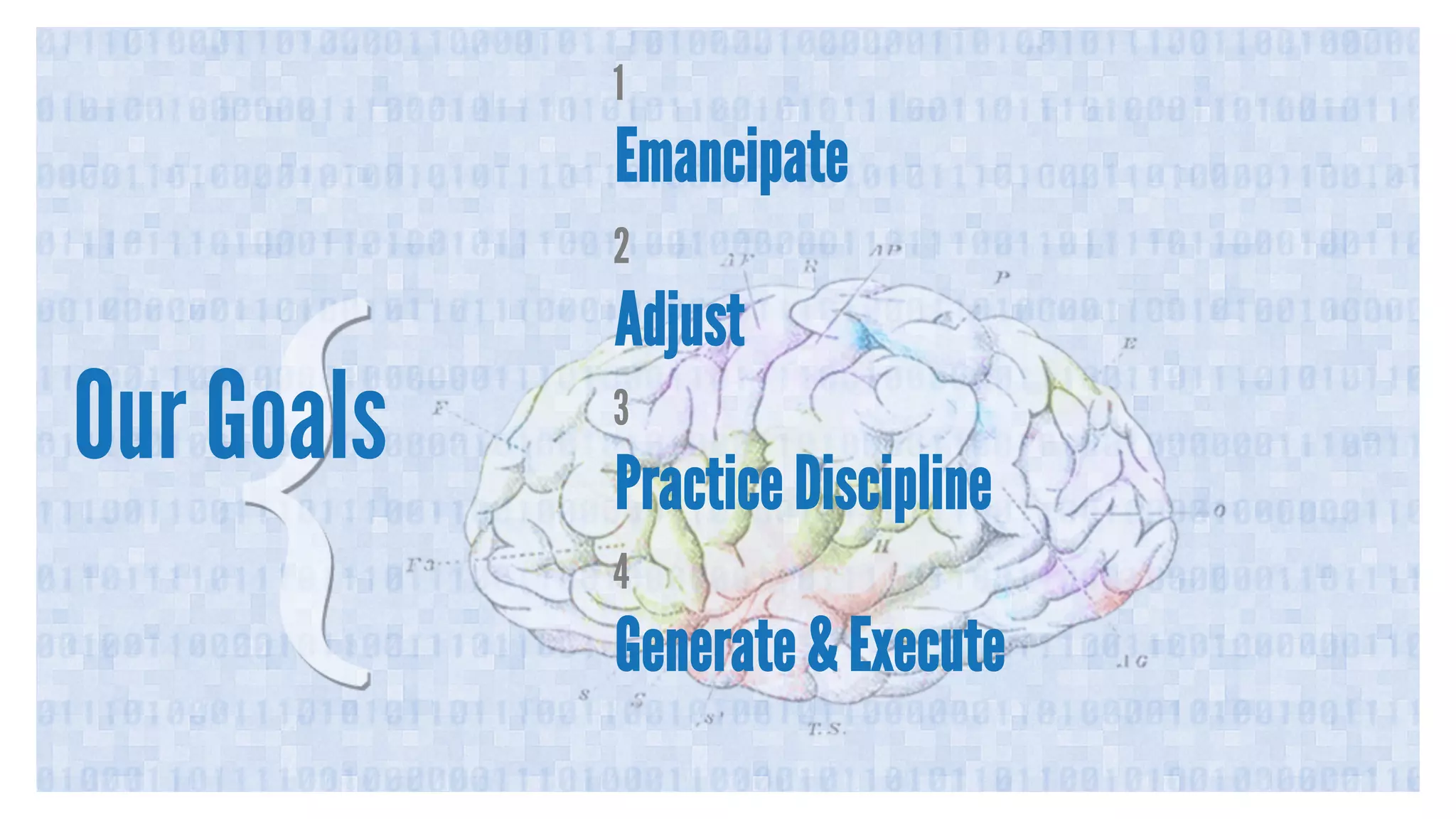 Our Goals
1
Emancipate
2
Adjust
3
Practice Discipline
4
Generate & Execute
 