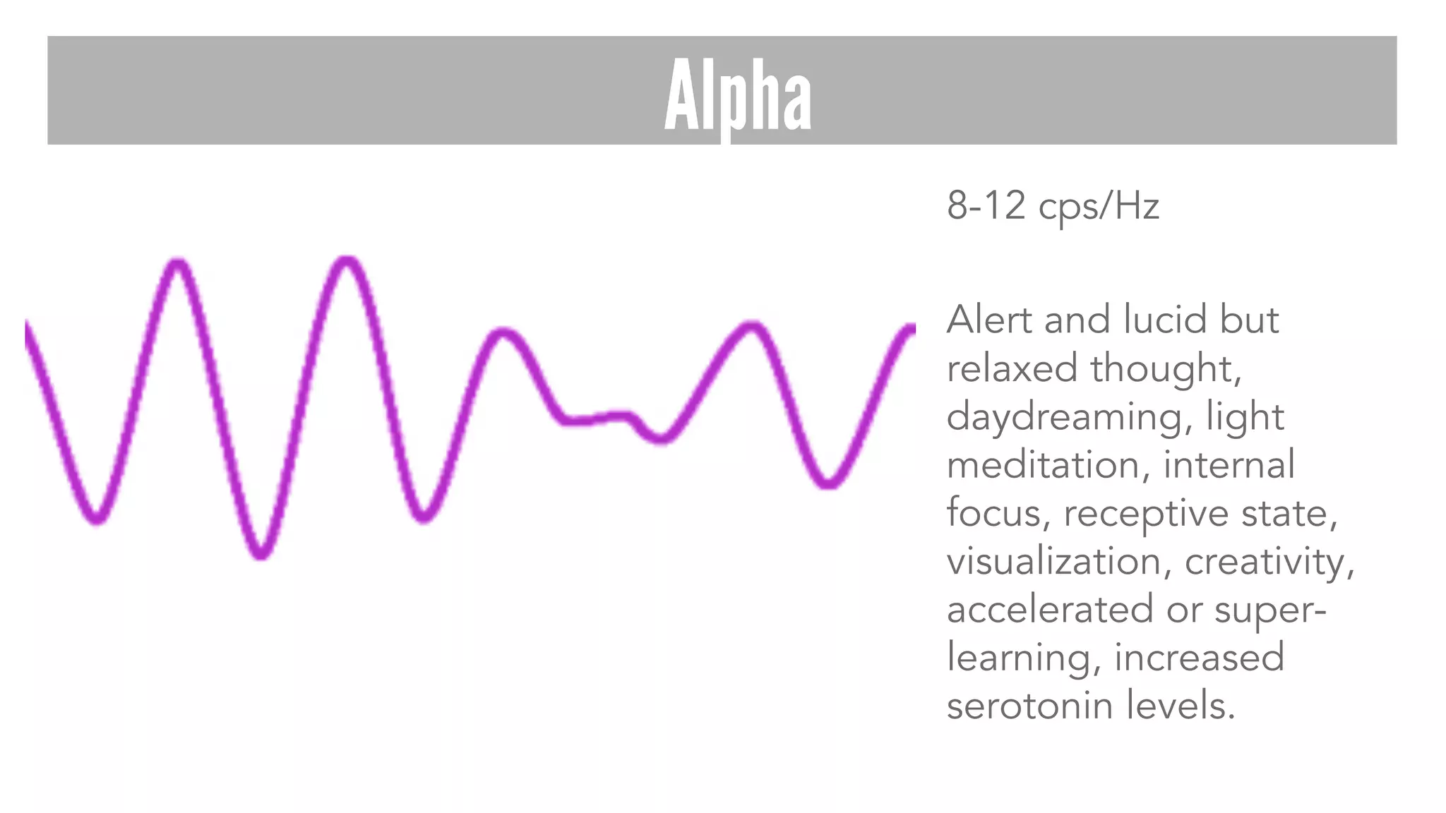 8-12 cps/Hz
Alert and lucid but
relaxed thought,
daydreaming, light
meditation, internal
focus, receptive state,
visualization, creativity,
accelerated or super-
learning, increased
serotonin levels.
Alpha
 