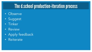 •  Observe
•  Suggest
•  Tinker
•  Review
•  Apply feedback
•  Reiterate
The d.school production-iteration process
 