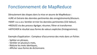 Fonctionnement de MapReduce
Déroulement des étapes dans la mise en œuvre de MapReduce :
•LIRE et Extraire des données pertinentes des enregistrements/discours.
•MAP c’est-à-dire Ventiler et trier les données pertinentes (Clé-Valeur).
•REDUCE via des process Agréger, résumer, filtrer et transformer.
•AFFICHER le résultat sous forme de valeurs explicites (histogrammes).
Exemple d’application : Compteur d’occurrence des mots dans un fichier.
- Splitter en phrases,
- Ventiler en plusieurs mots,
- Réduire les mots identiques,
- Afficher sous forme de dictionnaire.
 