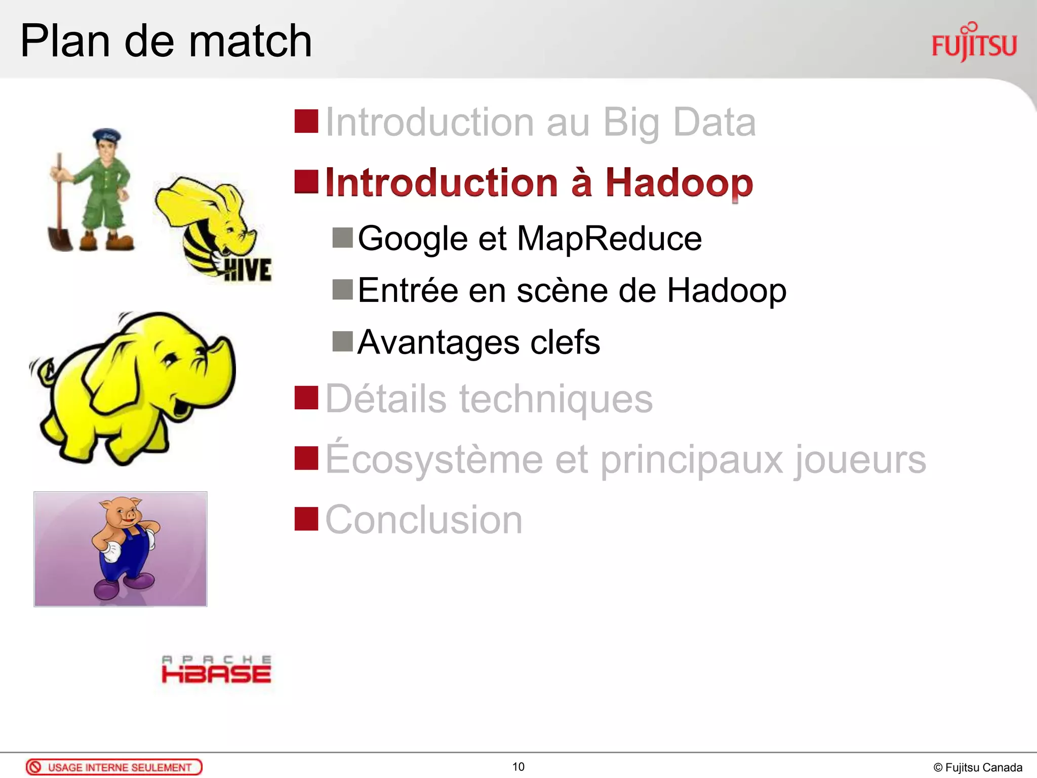 © Fujitsu Canada
Plan de match
Introduction au Big Data

Google et MapReduce
Entrée en scène de Hadoop
Avantages clefs
Détails techniques
Écosystème et principaux joueurs
Conclusion
10
 
