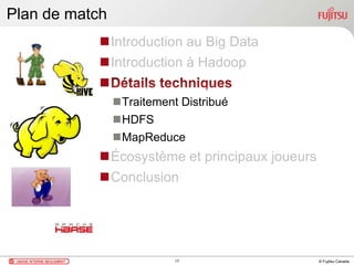 © Fujitsu Canada
Plan de match
Introduction au Big Data
Introduction à Hadoop

Traitement Distribué
HDFS
MapReduce
Écosystème et principaux joueurs
Conclusion
17
 