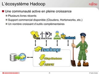 © Fujitsu Canada
L’écosystème Hadoop
 Une communauté active en pleine croissance
 Plusieurs livres récents
 Support commercial disponible (Cloudera, Hortonworks, etc.)
 Un nombre croissant d’outils complémentaires
26
 