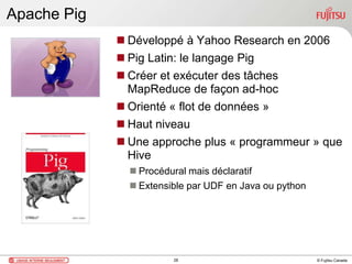 © Fujitsu Canada
Apache Pig
 Développé à Yahoo Research en 2006
 Pig Latin: le langage Pig
 Créer et exécuter des tâches
MapReduce de façon ad-hoc
 Orienté « flot de données »
 Haut niveau
 Une approche plus « programmeur » que
Hive
 Procédural mais déclaratif
 Extensible par UDF en Java ou python
28
 