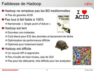 © Fujitsu Canada
Faiblesse de Hadoop
 Hadoop ne remplace pas les BD traditionnelles
 Pas de garantie ACID
 Pas tout à fait fiable à 100%
 Namenode: « Single point of failure »
 Hadoop est lent
 Données non-indexées
 Coût élevé pour E/S des données et lancement de tâche
 Optimisation de performance difficile
 Optimisé pour traitement batch
 Hadoop est difficile
 Un nouvel API à apprendre
 Peu d’outils de haut niveau, pas de GUI
 Pas pour les débutants, très difficile pour les analystes
34
 