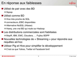 © Fujitsu Canada
En réponse aux faiblesses
 Utilisé de pair avec des BD
 Sqoop
 Utilisé comme BD
 Hive très proche de SQL
 connecteurs JDBC disponibles
 Alternative NoSQL (Hbase)
 Hawq, une vrai BD qui roule sur Hadoop
 Les distributions commerciales sont fiabilisées
 MapR, IBM, EMC, Cloudera, … Fujitsu BDPP
 Nouvelles technologies de « Streaming » pour répondre aux
requêtes ad-hoc
 Utiliser Pig et Hive pour simplifier le développement
 C’est ce que Yahoo, Twitter et Facebook font!
35
 