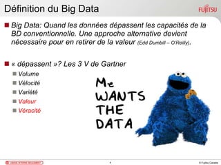 © Fujitsu Canada
Définition du Big Data
 Big Data: Quand les données dépassent les capacités de la
BD conventionnelle. Une approche alternative devient
nécessaire pour en retirer de la valeur (Edd Dumbill – O’Reilly).
 « dépassent »? Les 3 V de Gartner
 Volume
 Vélocité
 Variété
 Valeur
 Véracité
4
 