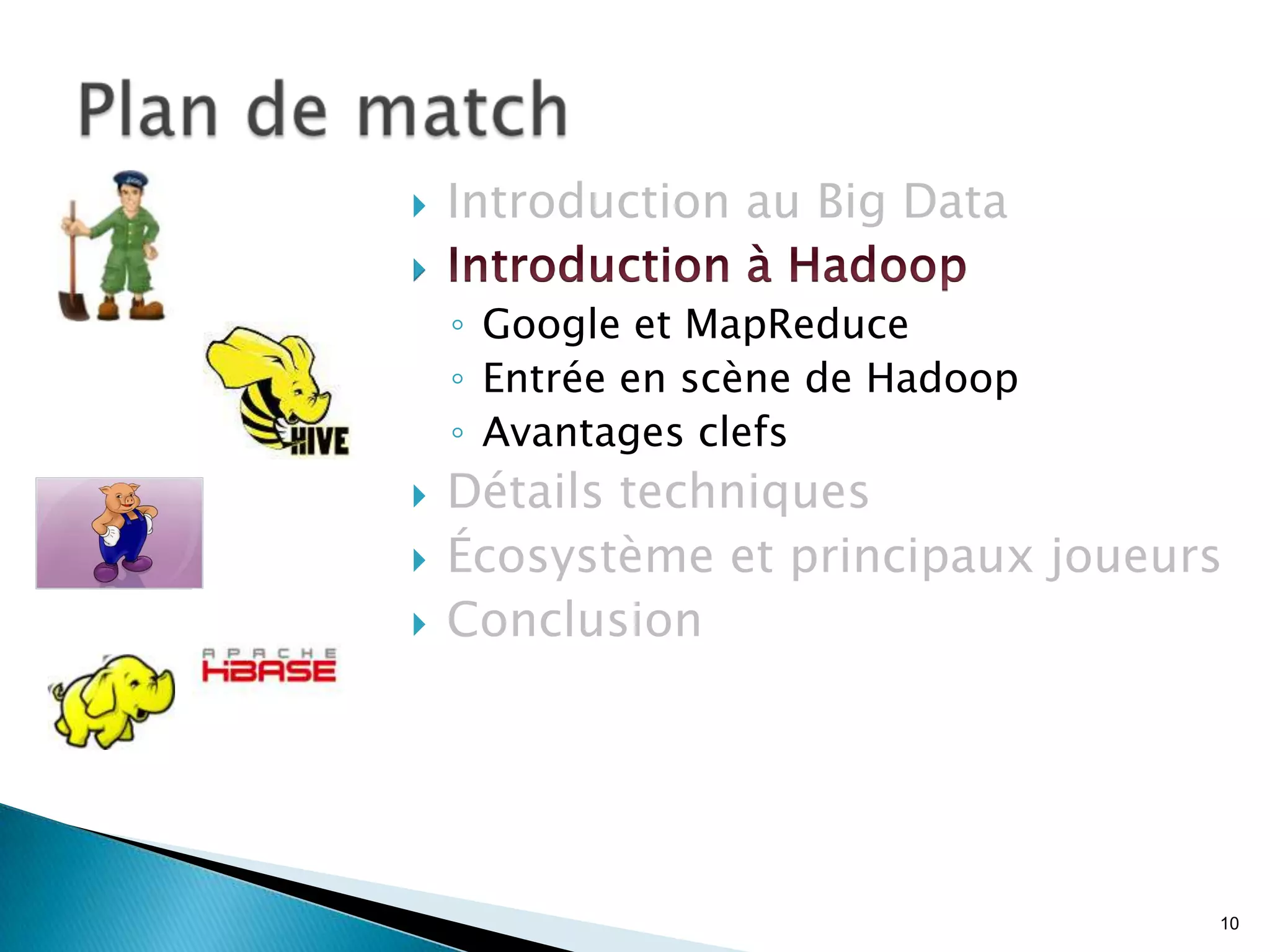 10
 Introduction au Big Data

◦ Google et MapReduce
◦ Entrée en scène de Hadoop
◦ Avantages clefs
 Détails techniques
 Écosystème et principaux joueurs
 Conclusion
 