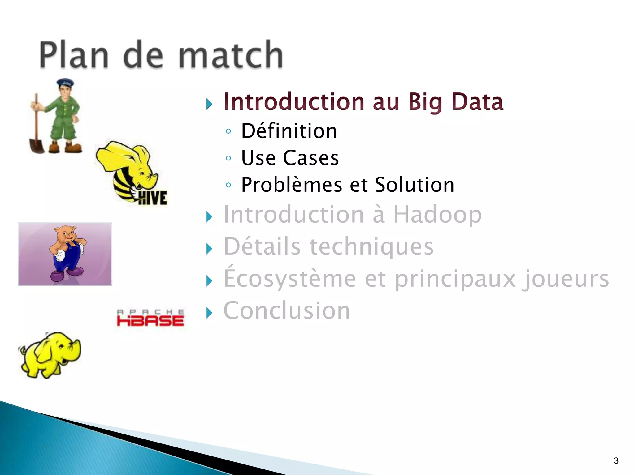 3

◦ Définition
◦ Use Cases
◦ Problèmes et Solution
 Introduction à Hadoop
 Détails techniques
 Écosystème et principaux joueurs
 Conclusion
 