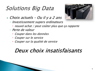  Choix actuels – Ou il y a 2 ans
◦ Investissement supers ordinateurs
 nouvel achat / peut coûter plus que ça rapporte
◦ Perte de valeur
 Couper dans les données
 Couper sur le service
 Couper sur la qualité de service
Deux choix insatisfaisants
9
 