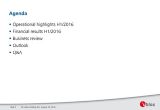 © u-blox Holding AG, August 26, 2016
Agenda
• Operational highlights H1/2016
• Financial results H1/2016
• Business review
• Outlook
• Q&A
Slide 3
 
